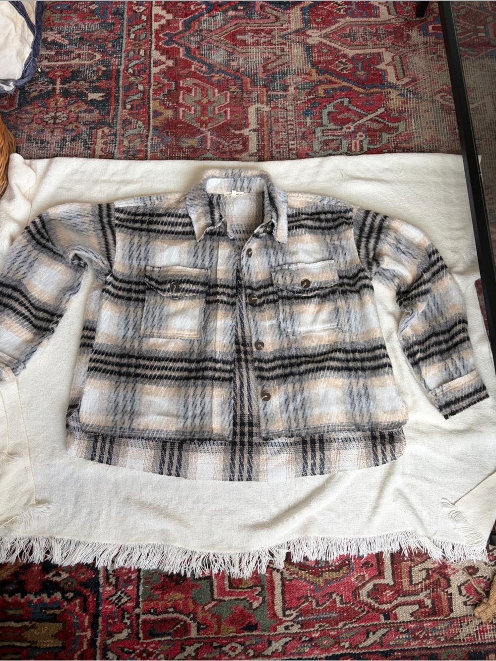 LA MIEL Cream, Black and Gray Plaid Lightweight Shacket